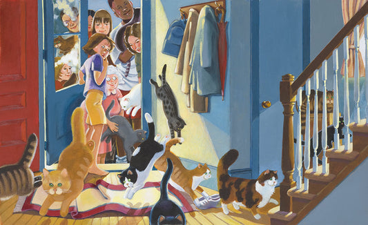 Giclee Print From the Book, Pussycats Everywhere!, of a Girl With Many Cats at Her Door. Limited Edition. Signed