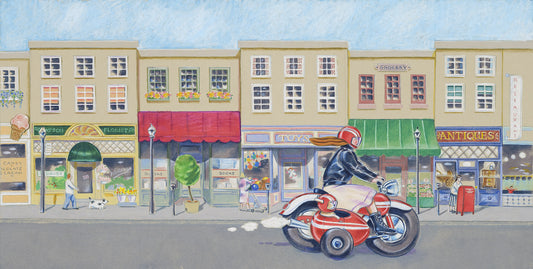 Giclée Print From the Book, I Promise I'll Find You, of a Woman Riding a Motorbike Through  a Small Town. Limited Edition. Signed